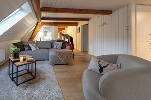 Smart-TV, Kamin, Bücher, Musikbibliothek