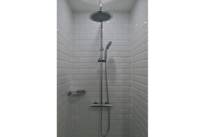 Shower, towels, toilet paper