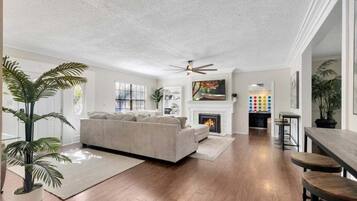 TV, fireplace, video games, foosball