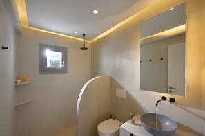 A modern bathroom with a curved shower enclosure, a white toilet, and a large mirror above the sink. - Luxurious 5-bedroom villa in marvelous Mykonos   With full sea views (Mykonos)