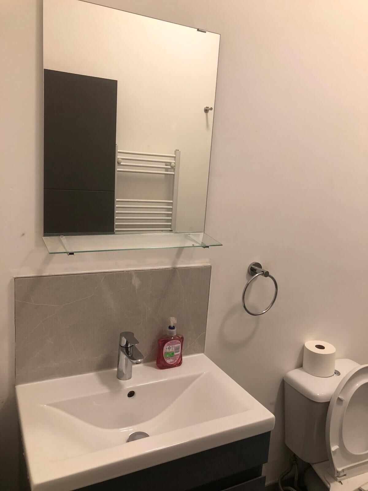 Un bagno con un lavandino bianco, uno specchio sopra, un porta asciugamani, un water e uno scaffale in vetro.