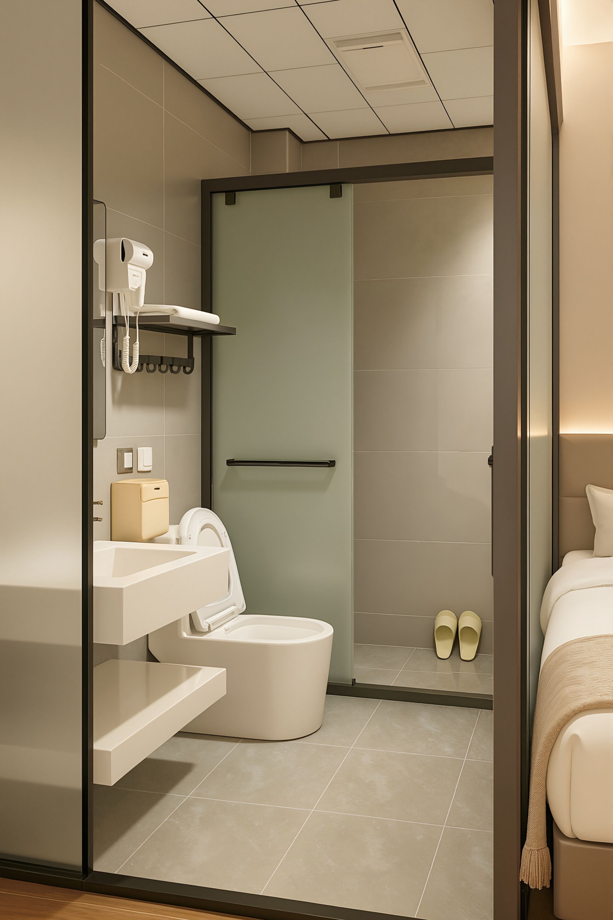 Suihku, sadesuihkupää, ilmaiset hygieniatuotteet, hiustenkuivaaja