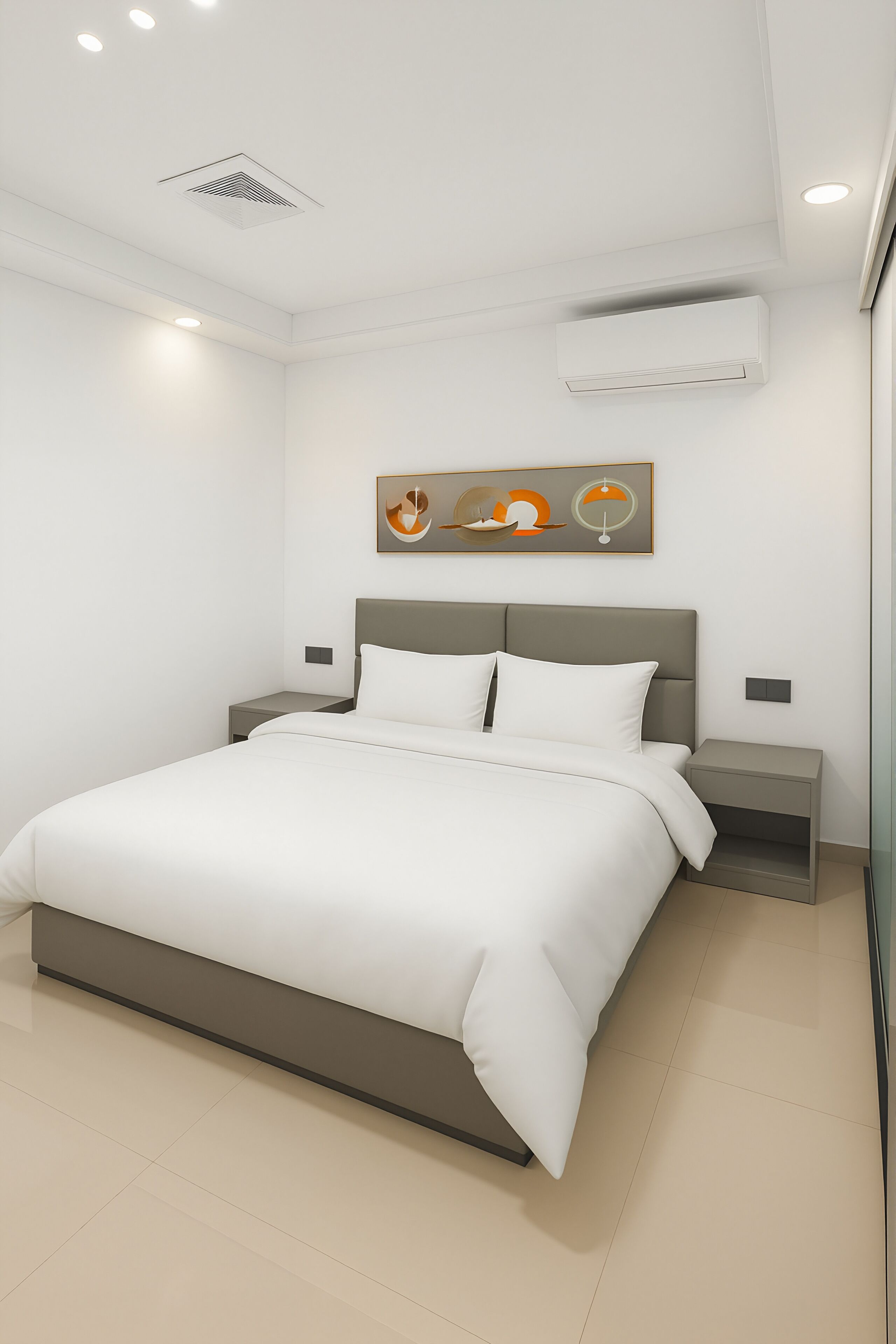 A modern bedroom with a large bed, nightstands, an air conditioning unit, and a wall-mounted artwork.