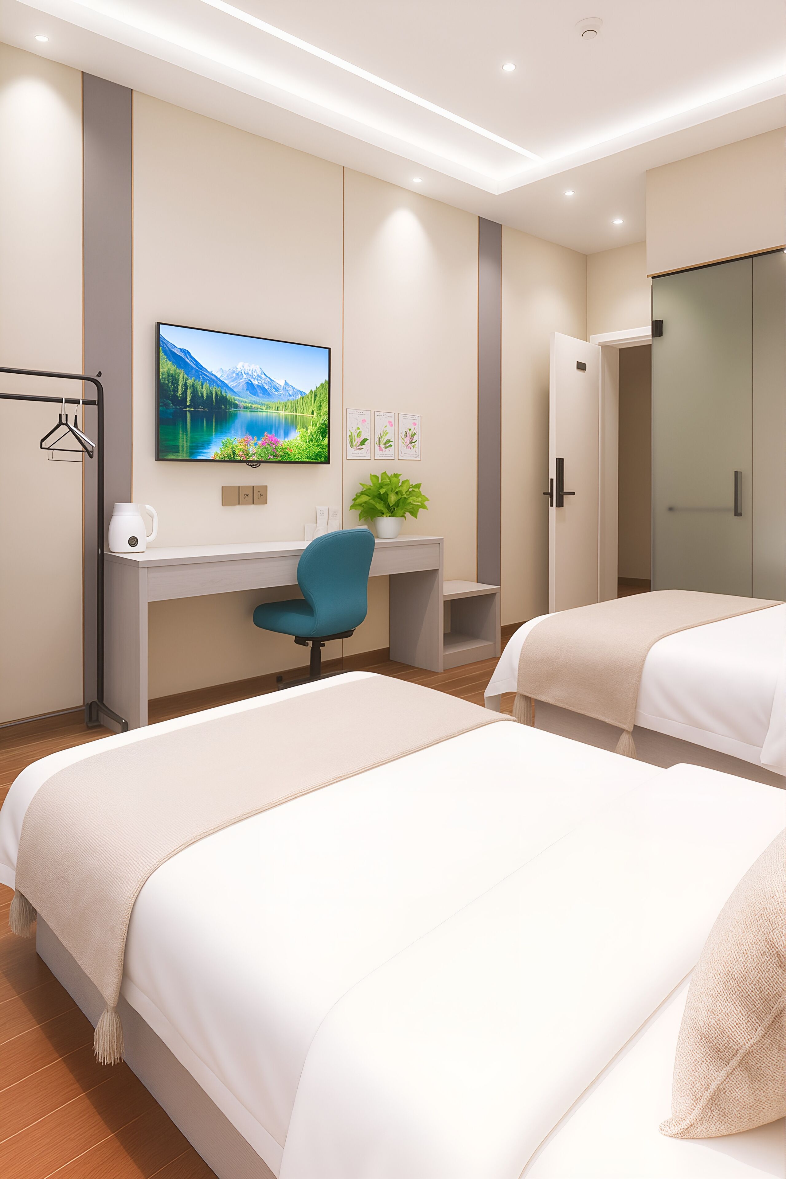 A hotel room with two beds, a desk, a chair, a TV, and a wardrobe.
