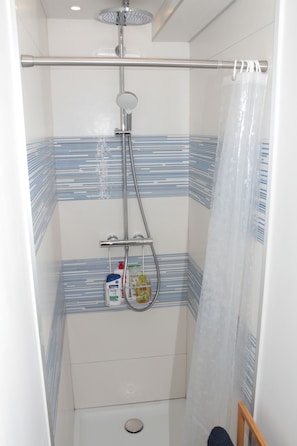 Shower, hair dryer, towels, soap