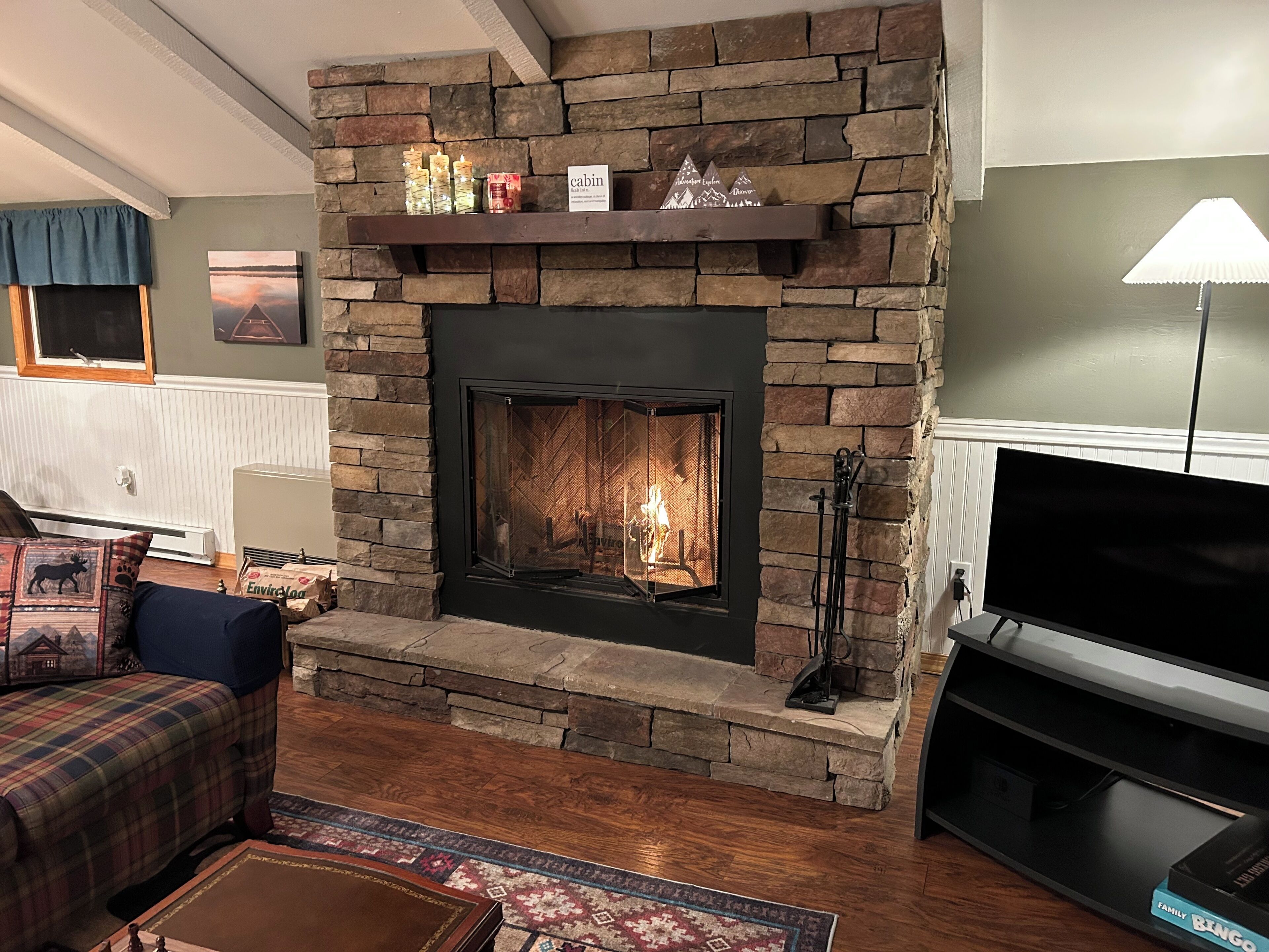 Smart TV, fireplace, video games, foosball