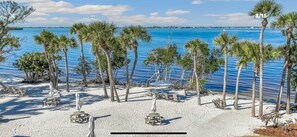A beach with palm trees, lounge chairs, and umbrellas.