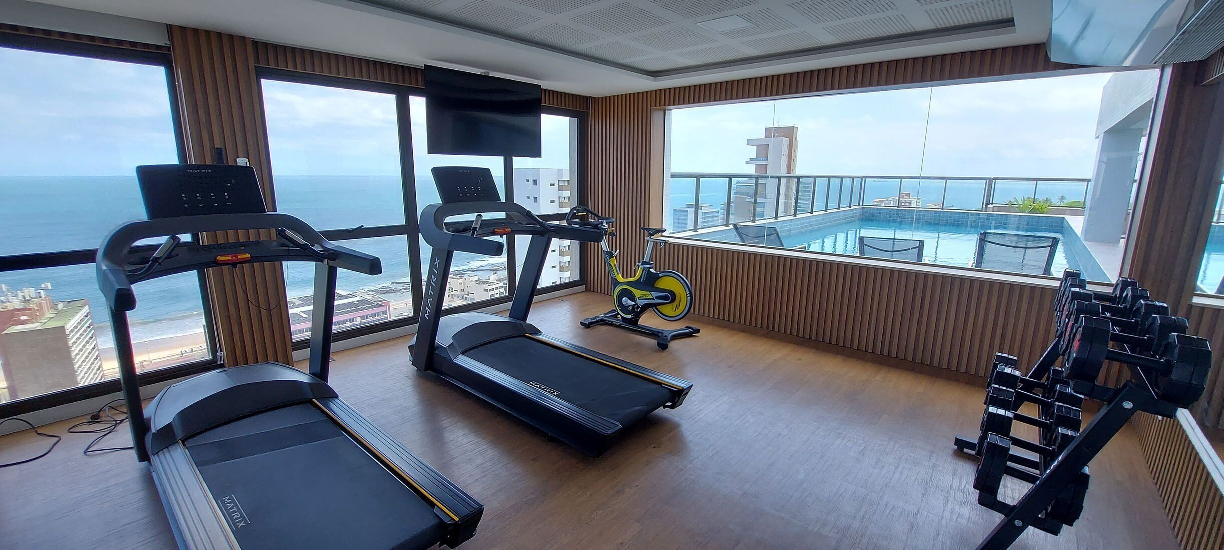Ein Fitnessraum mit Laufbändern, einem Ergometer und Gewichten, mit Blick auf einen Pool und den Ozean.