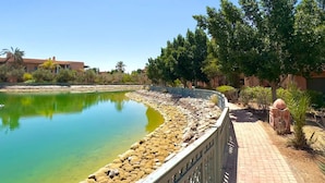 A serene outdoor area with a pond, a paved walkway, and a stone wall. - appartement piscine la palmeraie  (Marrakech)