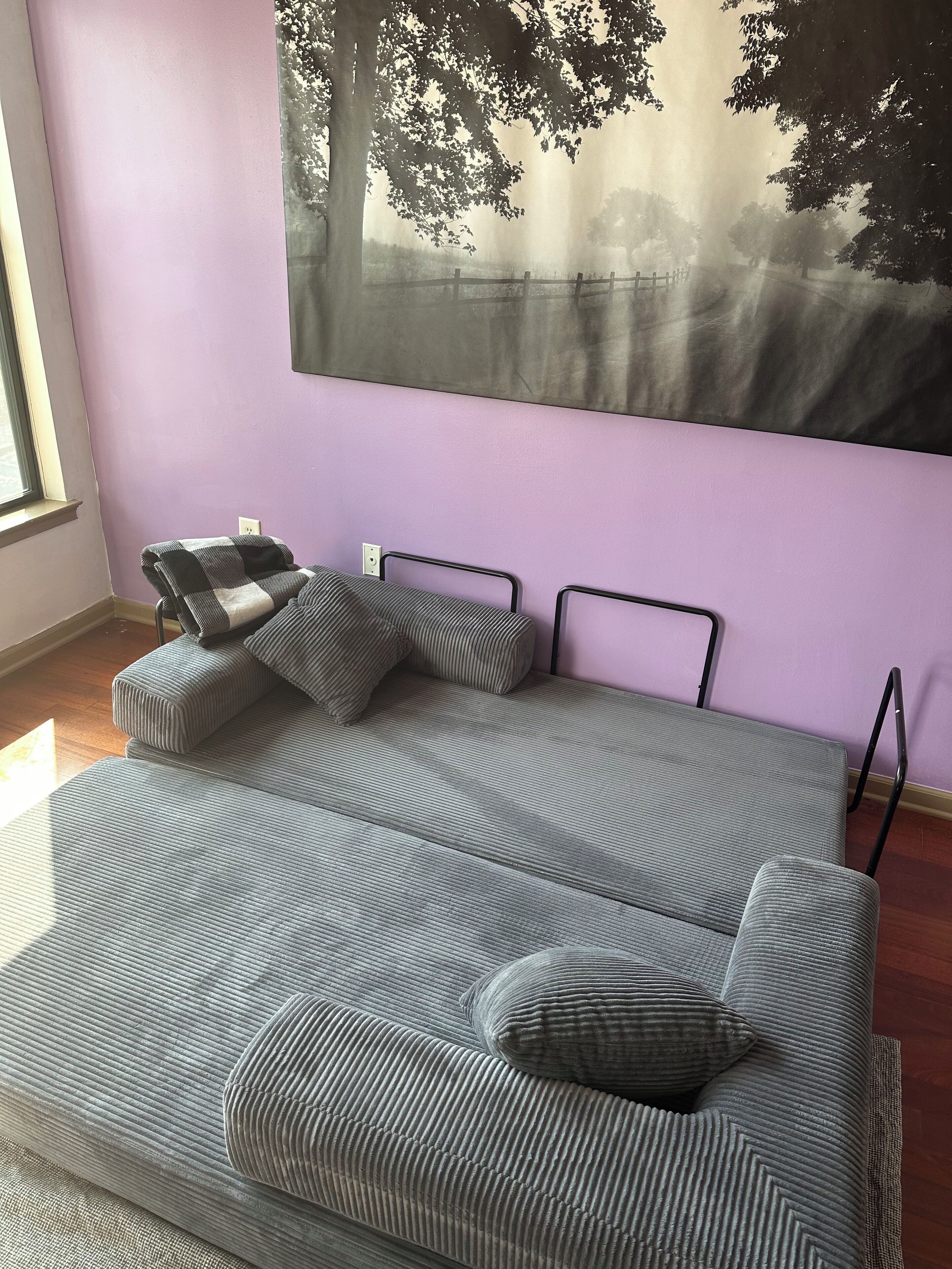 A room with a large window, a grey sofa with cushions, and a wall-mounted painting of trees.