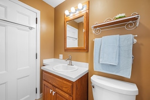 Hair dryer, towels, soap, toilet paper