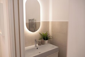 Shower, hair dryer, bidet, towels