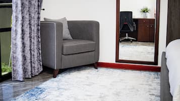 Desk, laptop workspace, free WiFi, bed sheets