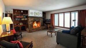 A cozy living room with a fireplace, a bookshelf, a sofa, and a television.