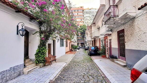 Una estrecha calle adoquinada bordeada de edificios, un coche aparcado y un árbol con flores rosadas.