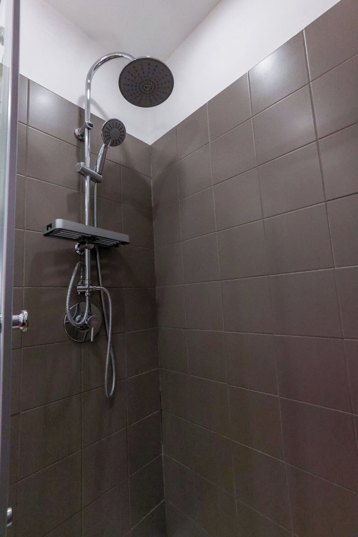 A shower with a handheld showerhead and a fixed overhead showerhead in a tiled bathroom.
