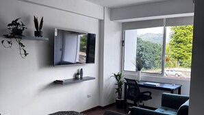 A modern room with a flat-screen TV, a desk with a chair, a couch, and a window with a view of greenery.