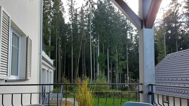 An outdoor patio with a table set for dining, surrounded by chairs, and overlooking a forested area. - Lakeside Heaven. Apartment directly in the Lipno reservoir (Frymburk)