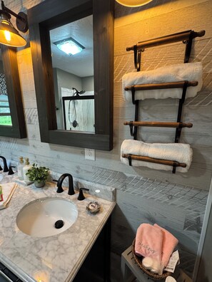 Regadera, secadora de cabello, toallas, jabón 