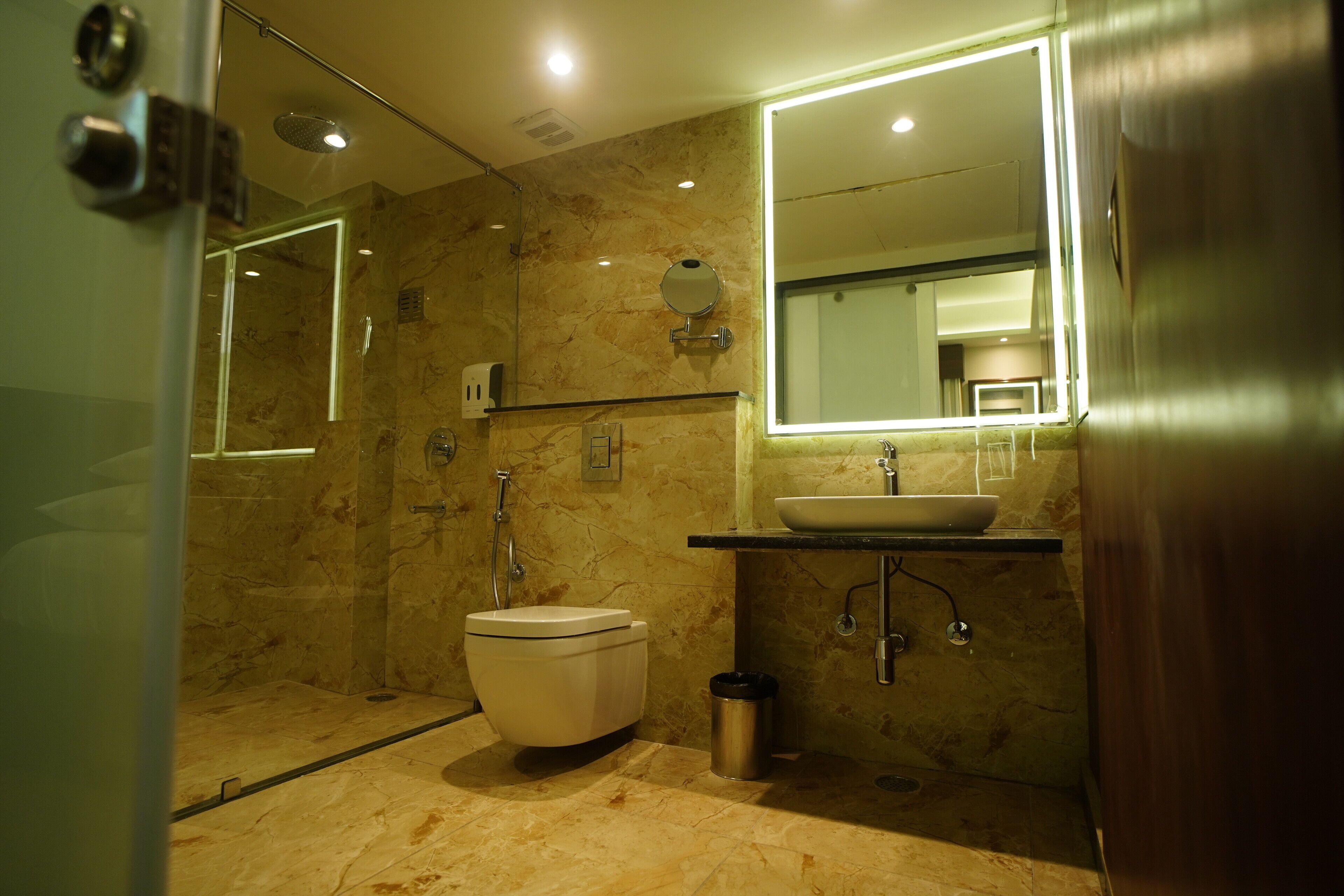 A modern bathroom with a glass-enclosed shower, a toilet, a sink, and a mirror.