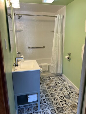 Hair dryer, towels, soap, toilet paper
