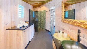 A wooden cabin interior with a bathroom featuring a shower, a sink, and a mirror.