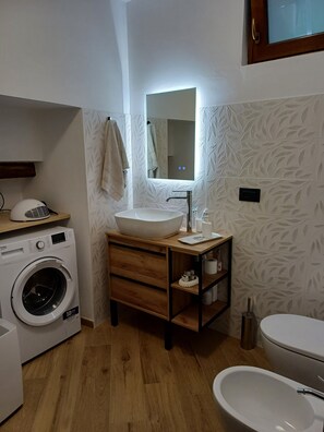 Shower, hair dryer, bidet, towels