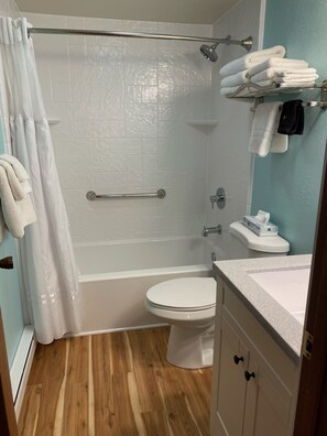 Hair dryer, towels, soap, toilet paper