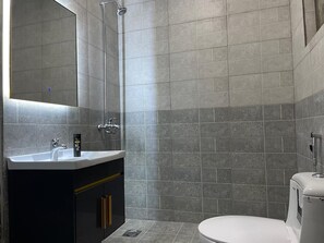 Shower, towels, soap, toilet paper