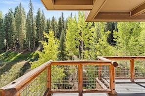 Una terraza de madera con barandilla de metal que da vista a un área boscosa.