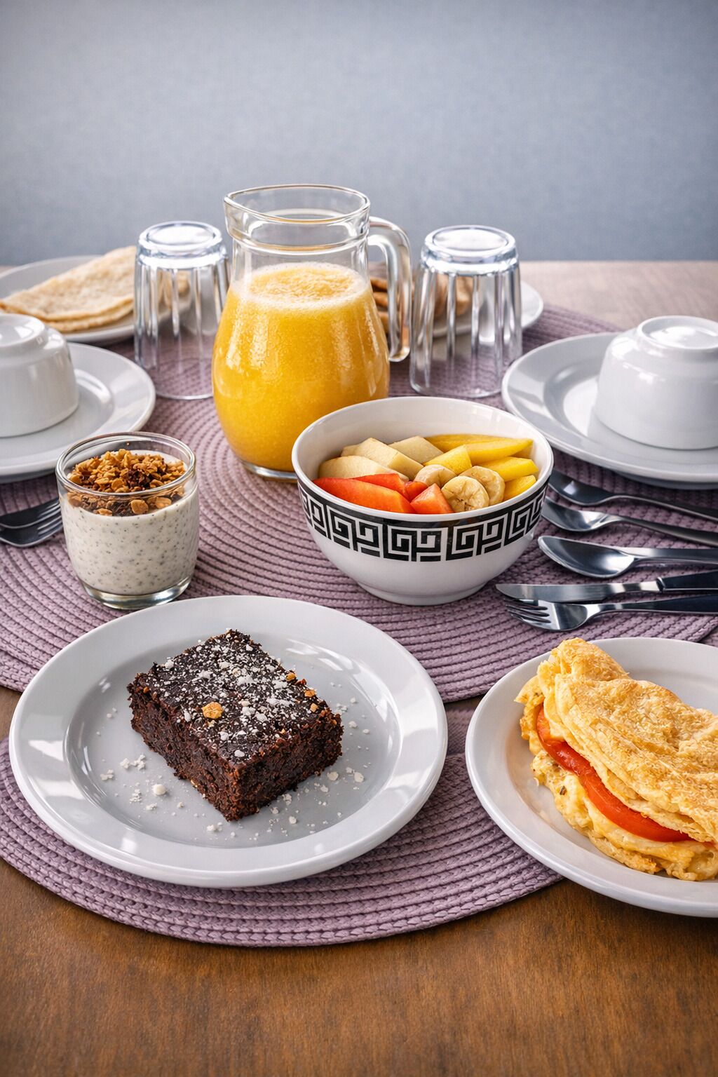Un desayuno con un vaso de zumo de naranja, un bol de fruta, una porción de pastel, un vaso de leche y un plato de huevos revueltos.
