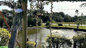 A wooden swing set with a cloud decoration, surrounded by greenery and a body of water. - Pousada Rainha do Mar  (São Francisco do Sul)