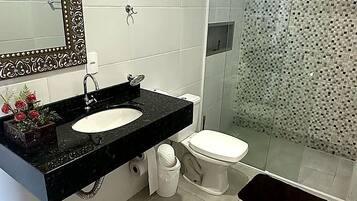 Shower, towels, soap, shampoo