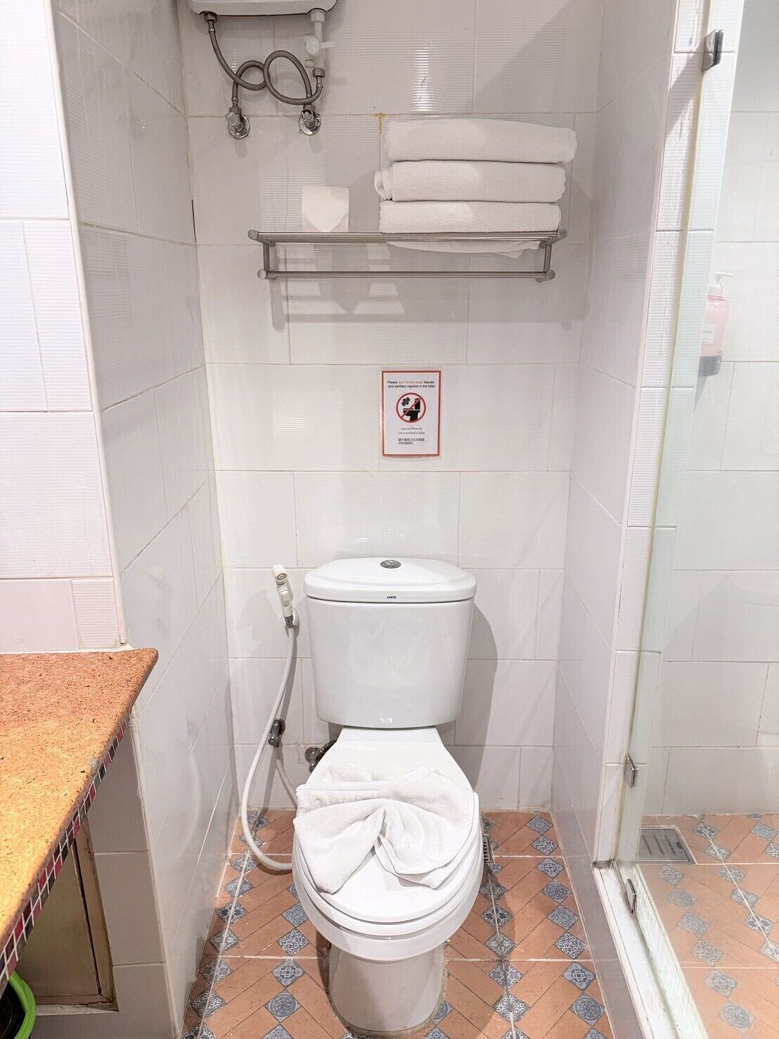 A small bathroom with a toilet, a shower, and a towel rack.