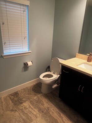A bathroom with a toilet, a sink, a mirror, and a window with blinds.