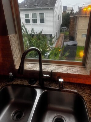 A kitchen with a double sink, a window overlooking a residential area, and a brick backsplash.
