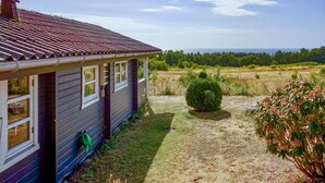 A house with a sloped roof, a small garden with a bush and a potted plant, and a clear view of the ocean in the background. - Awesome home in Hasle with house sea view (Hasle)
