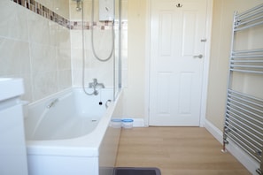Hair dryer, towels, soap, toilet paper