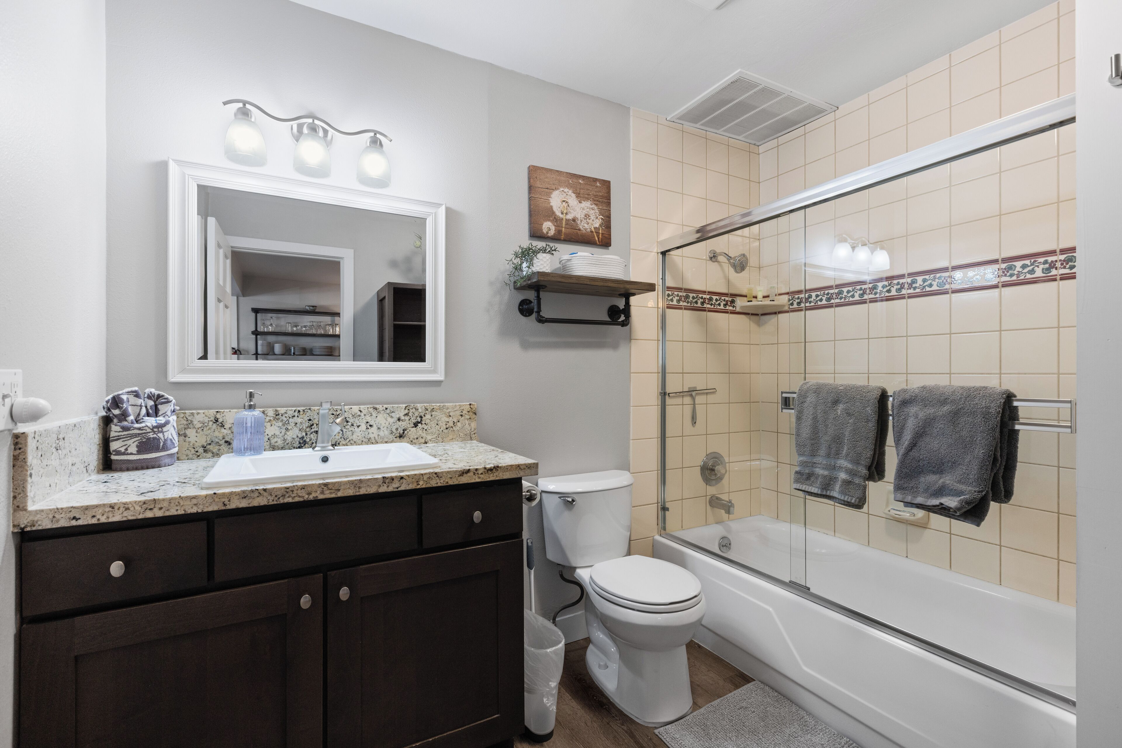 Hair dryer, towels, soap, shampoo