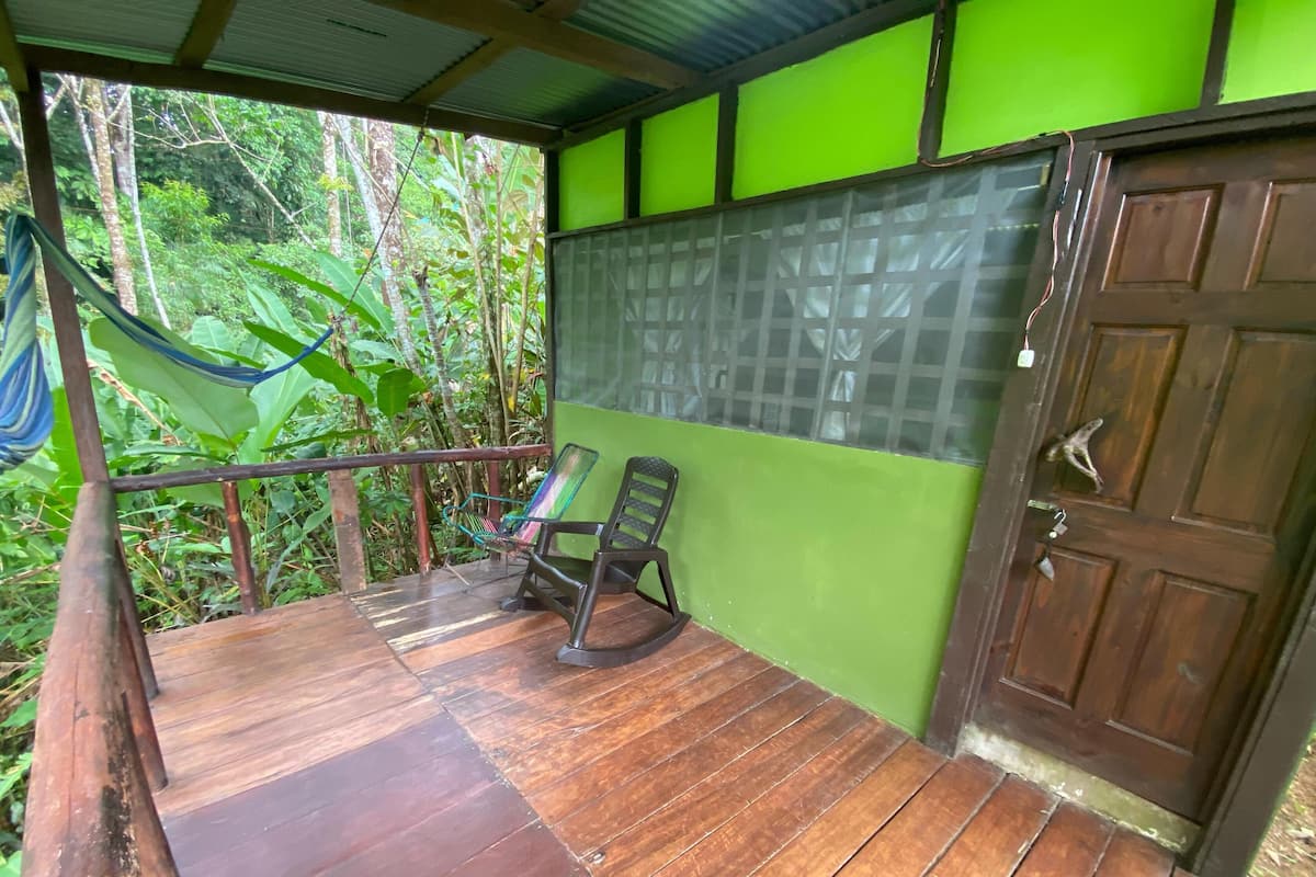 Une terrasse en bois avec deux chaises, un mur vert et une porte en bois.