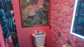 Ducha, secador de pelo, toallas, jabón