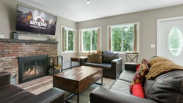 Smart TV, fireplace, foosball