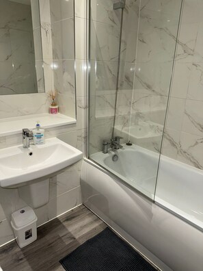 Shower, hair dryer, bidet, towels