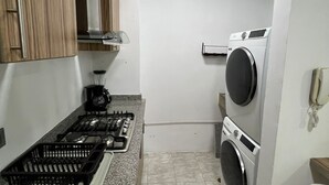 A compact kitchen with a gas stove, sink, and a built-in washing machine.