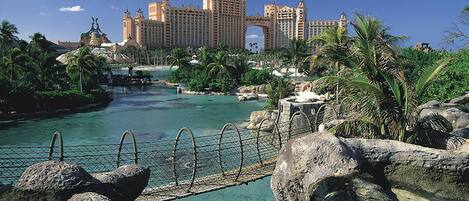 A resort with a large pool, palm trees, and a bridge.