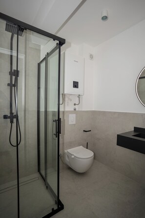 Shower, hair dryer, bidet, towels