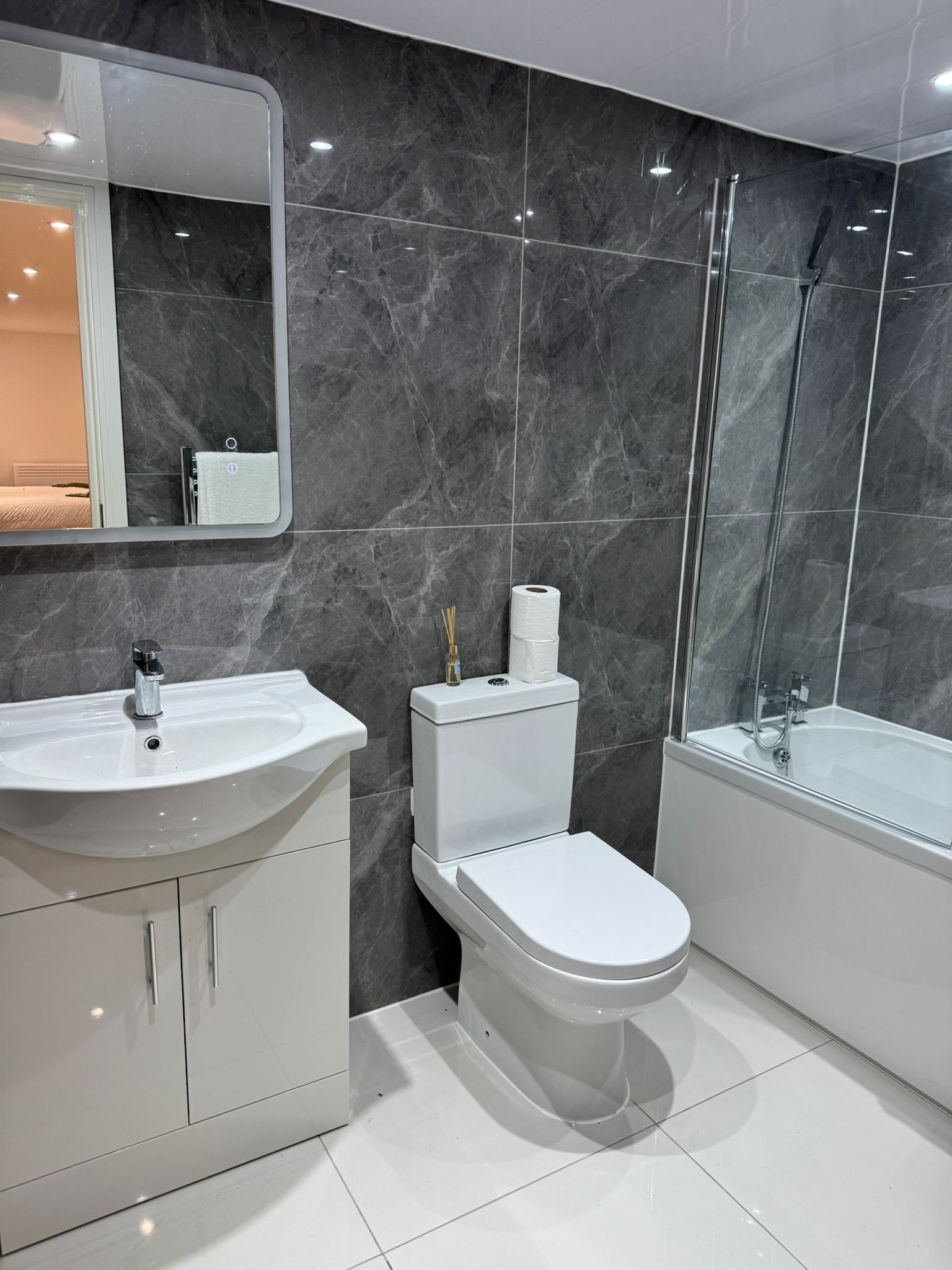 Shower, hair dryer, bidet, towels