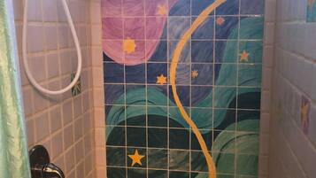 Hair dryer, towels, soap, shampoo