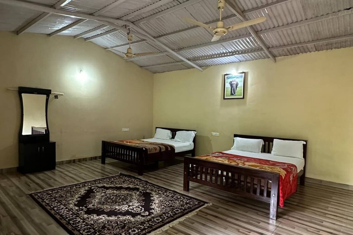 Une chambre avec deux lits simples, un banc en bois, un grand tapis à motifs, un ventilateur de plafond et un tableau encadré au mur.