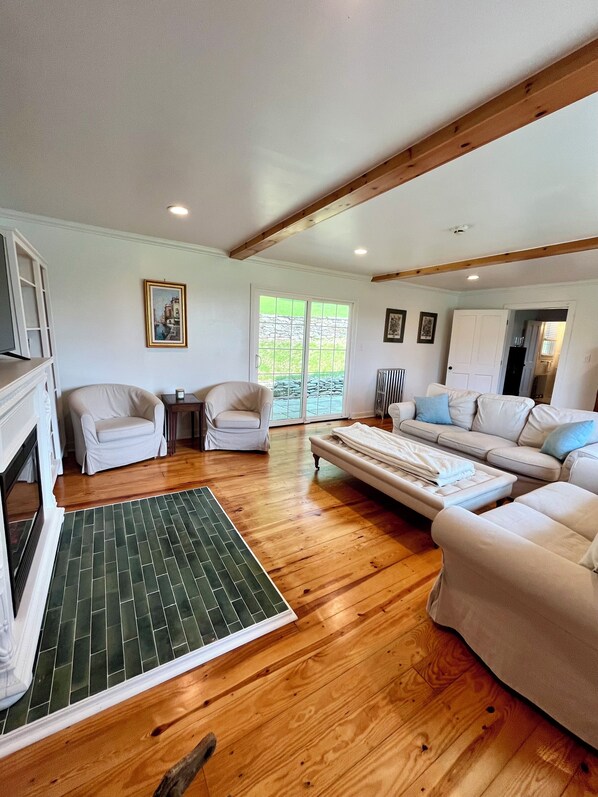 Smart TV, fireplace, books, stereo
